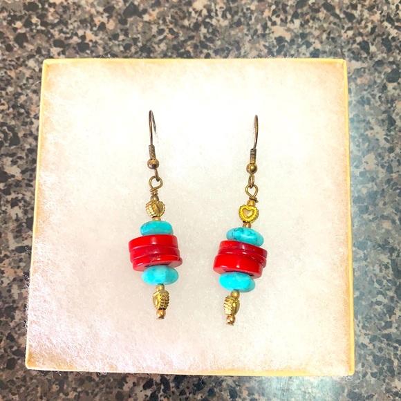 Turquiose & coral earrings - Picture 1 of 3